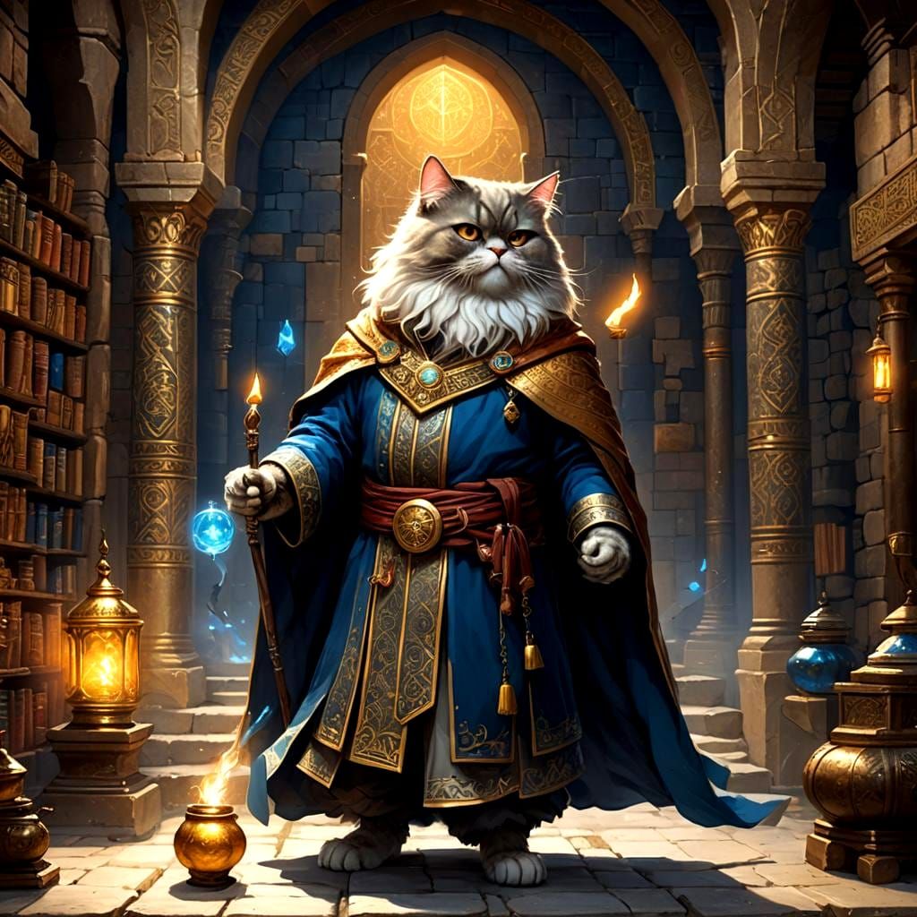 Persian Cat Monk Wizard in Cartoon Style