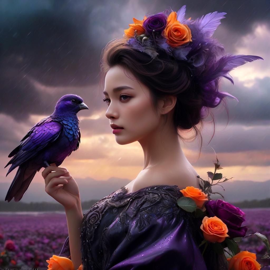 Woman with Iridescent Bird and Roses