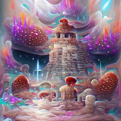 Cosmic Mushroom Castle Illustration in Astral Style