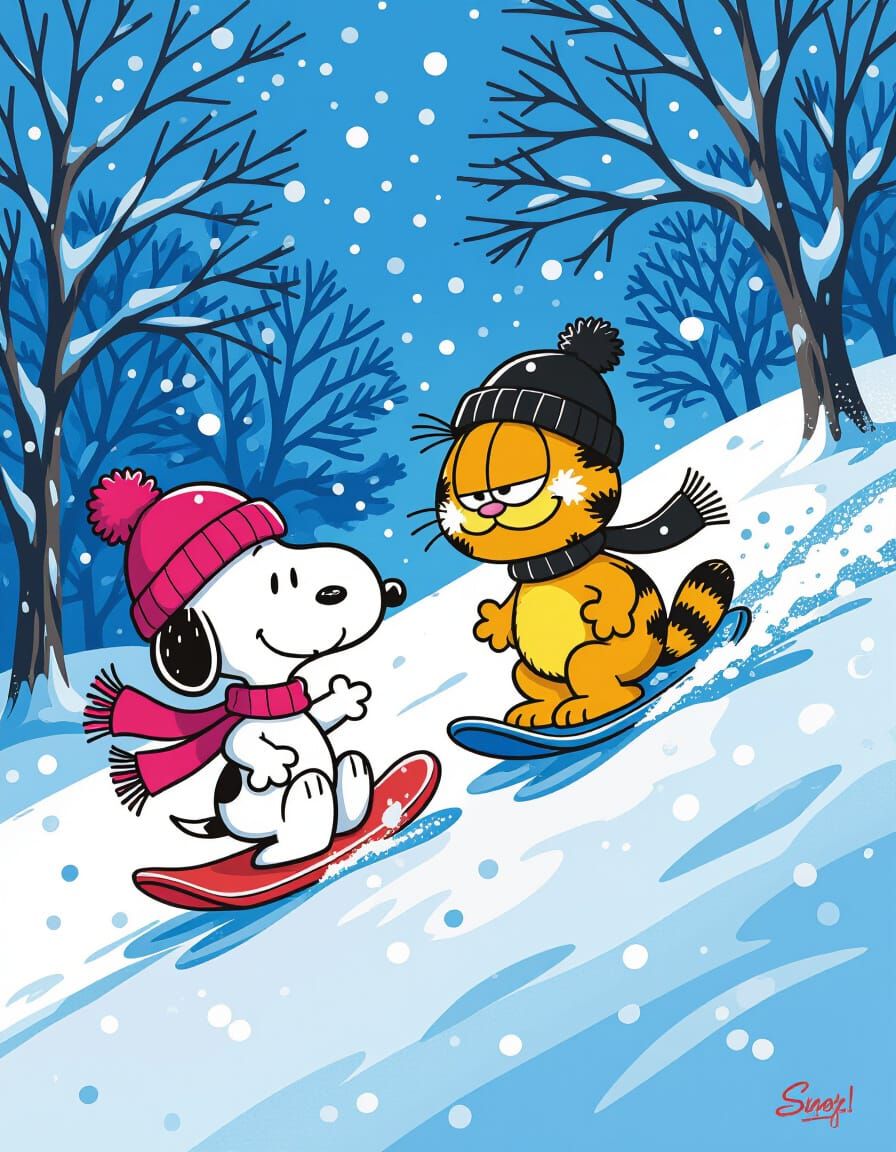 Snoopy and Garfield Sledding Down Snowy Hill