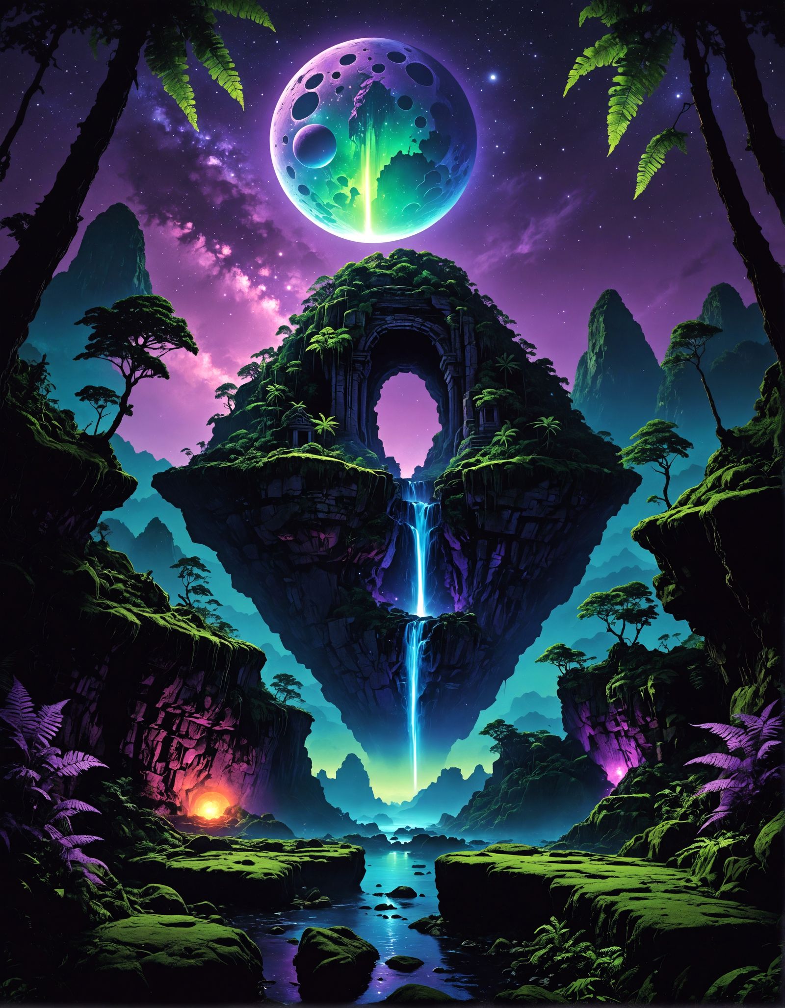 Flying Island at Night in Black Light Art Style