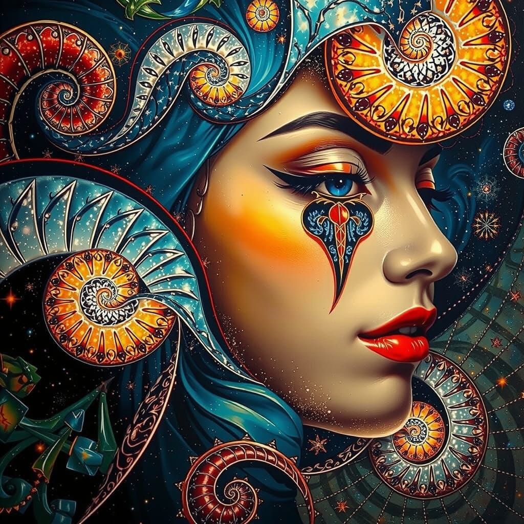 Surreal Woman's Portrait with Geometric Patterns in Hyperrea...