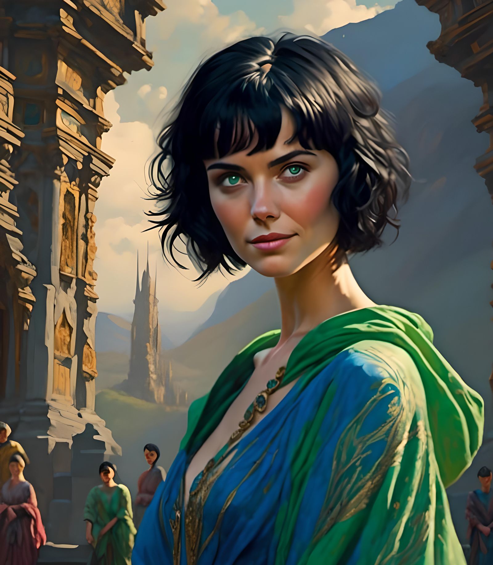 Woman with Black Hair and Green Eyes in Blue Robe