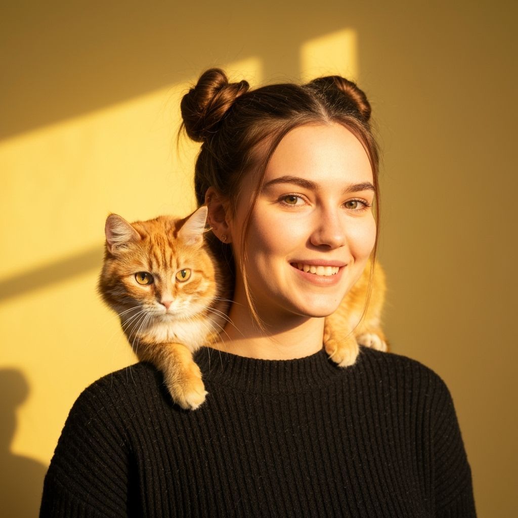 Young Woman with Cat on Shoulder, Warm Autumn Sunlight