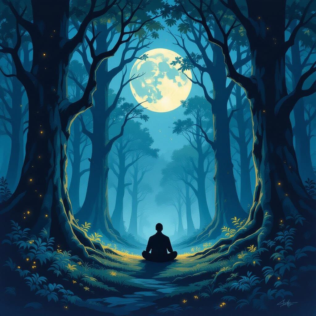 Meditating Figure in Ancient Moonlit Forest Painting
