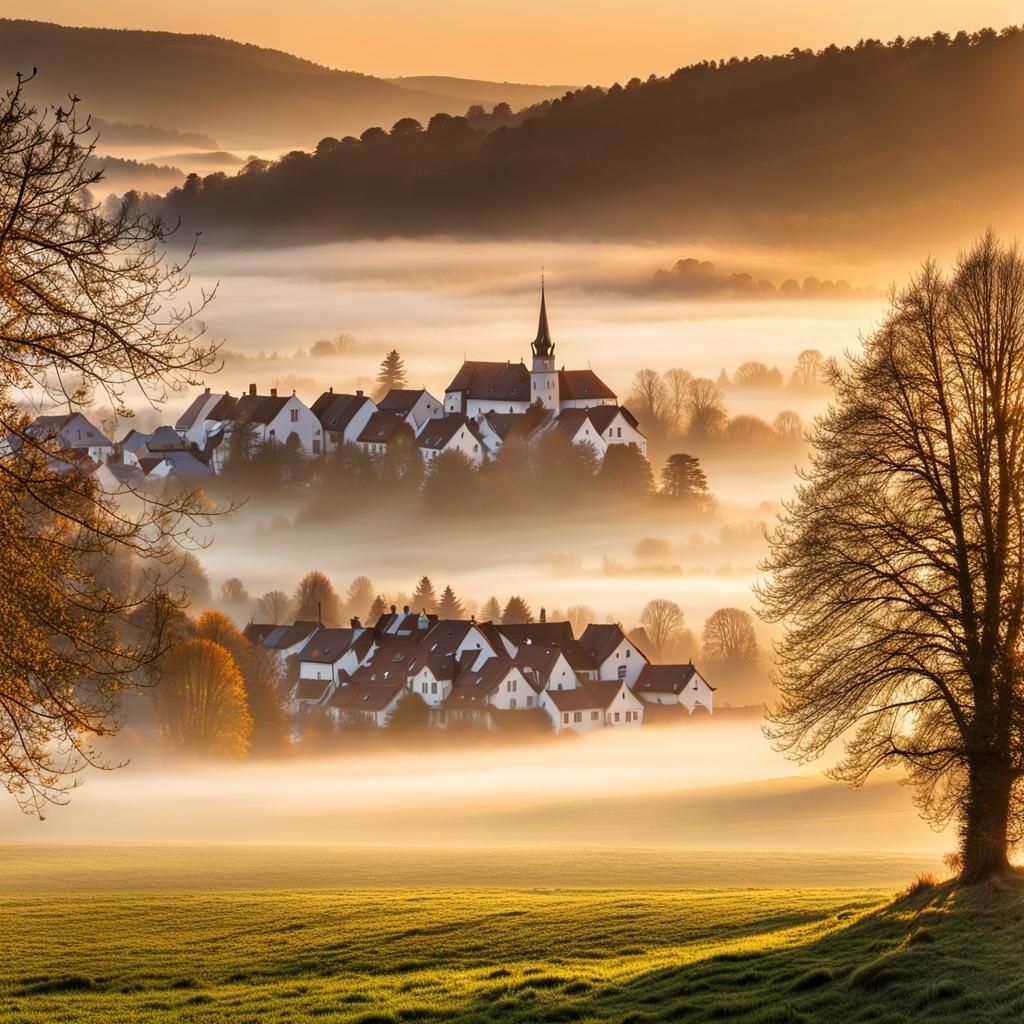 Misty Dawn in Taunus Mountains: A Realist Village View