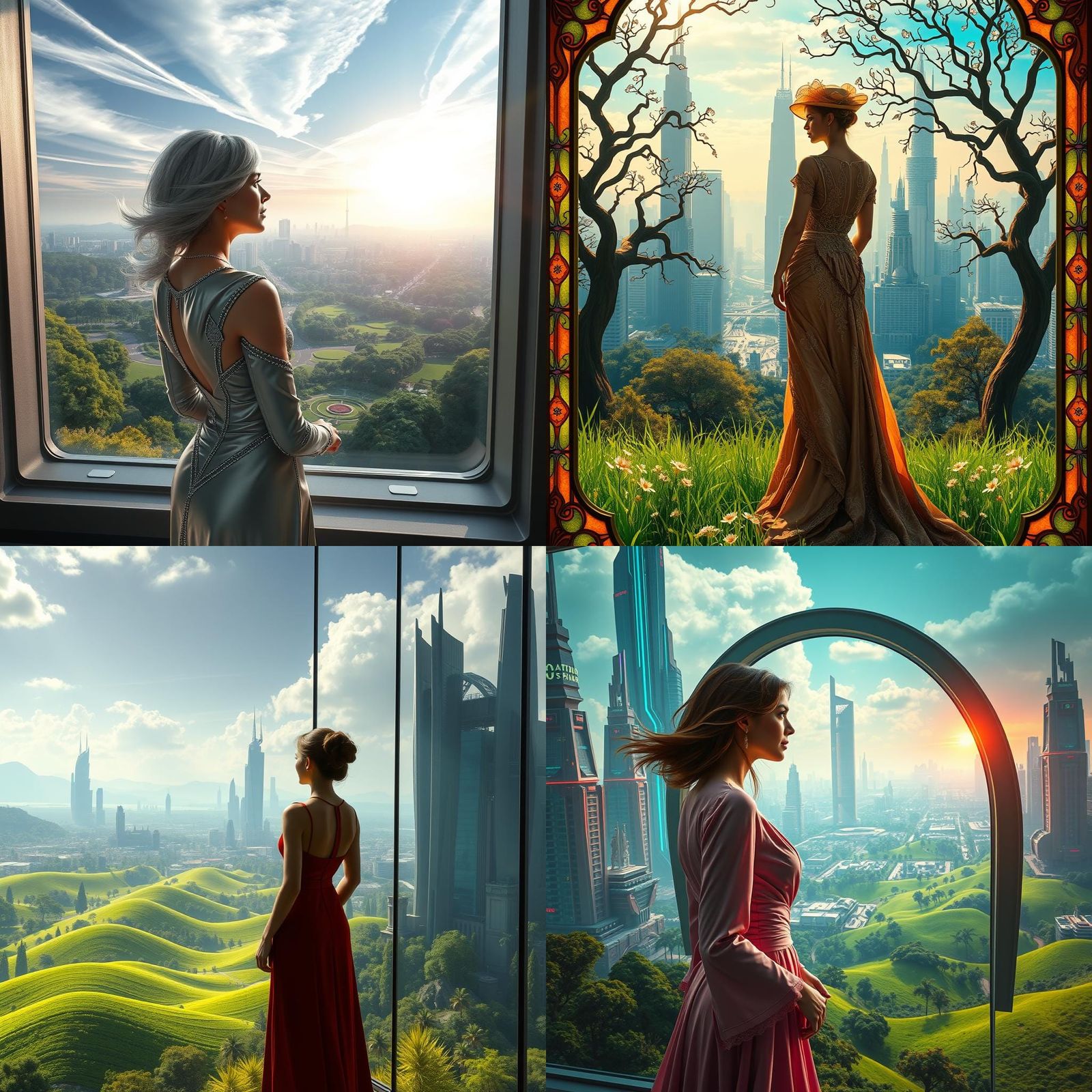 Futuristic Woman Gazing at Space City View