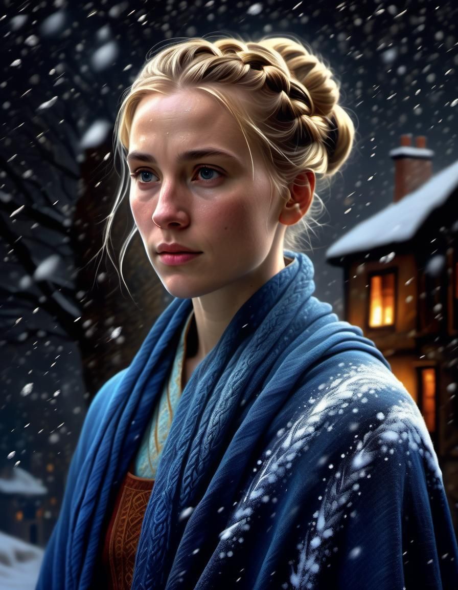 Renaissance Woman Portrait in Falling Snow