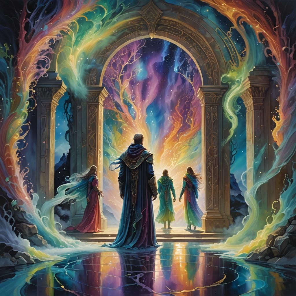 Guardians at Shimmering Portal: Surreal Oil Painting