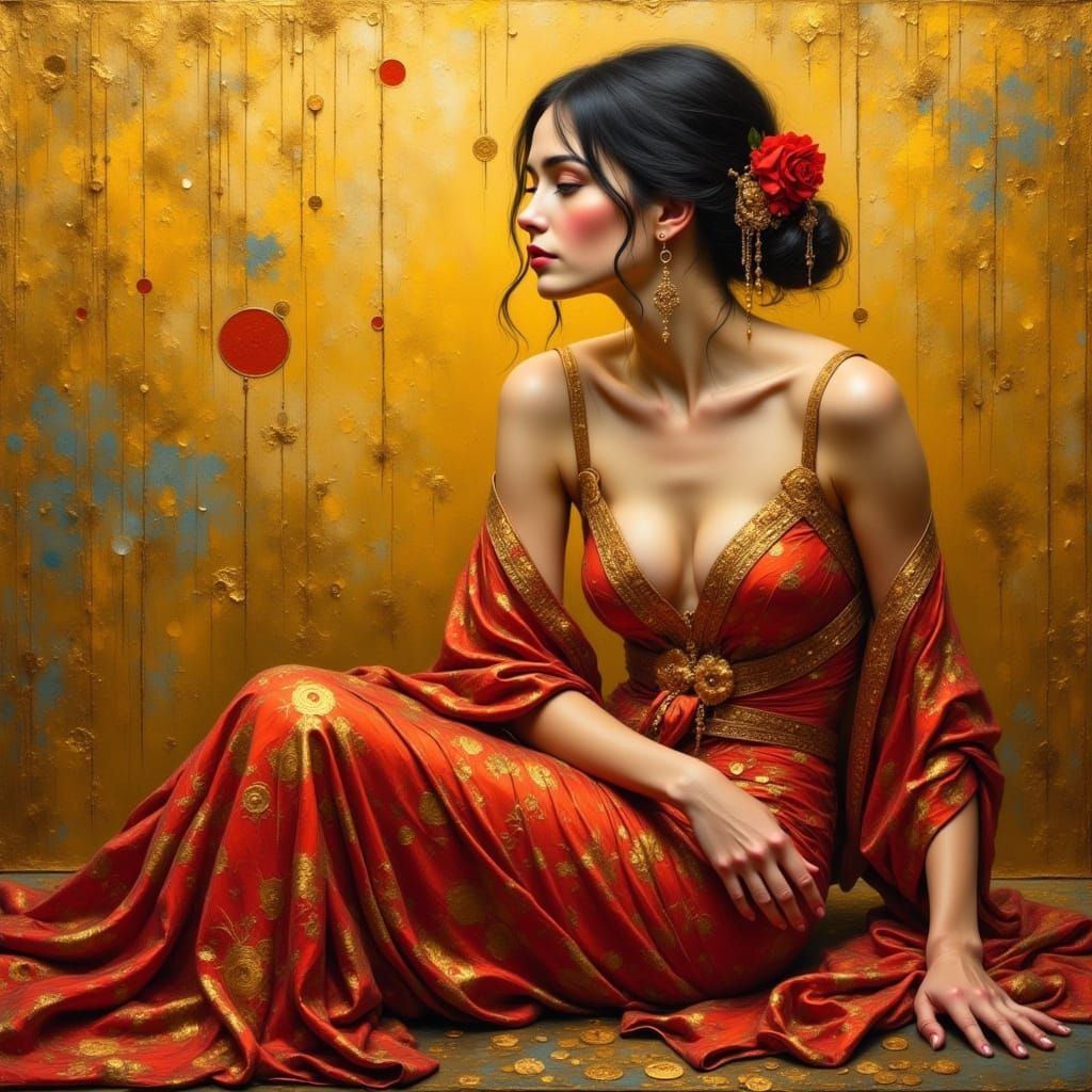 Elegant Woman in Golden Oil Painting