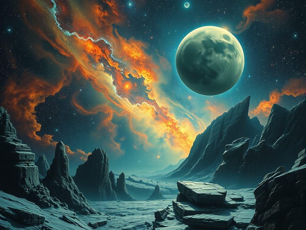 A Cyberpunk City on the Moon Shines Amidst a Vibrant Nebula