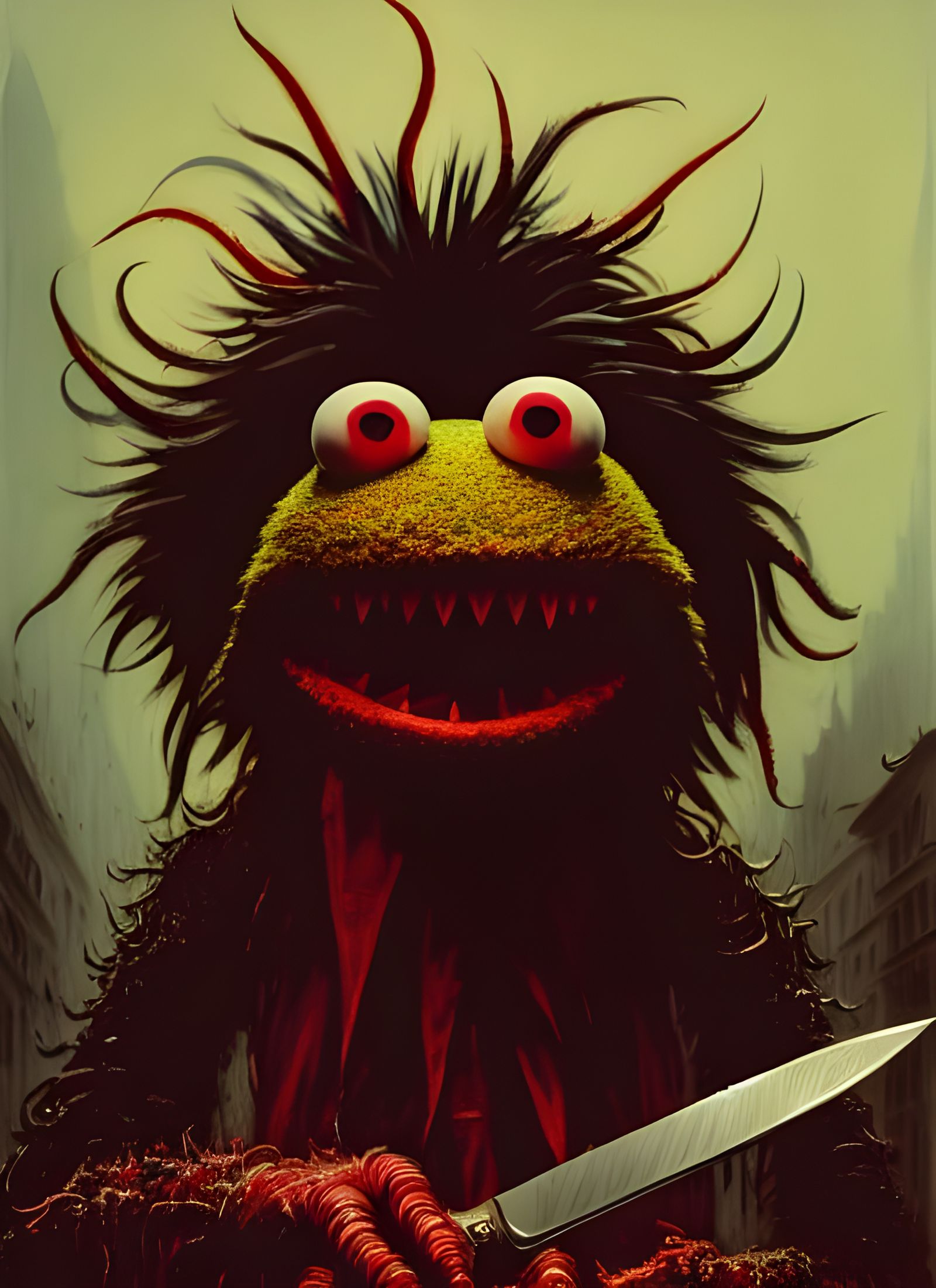 Colorful Horror Muppet Portrait with Knife