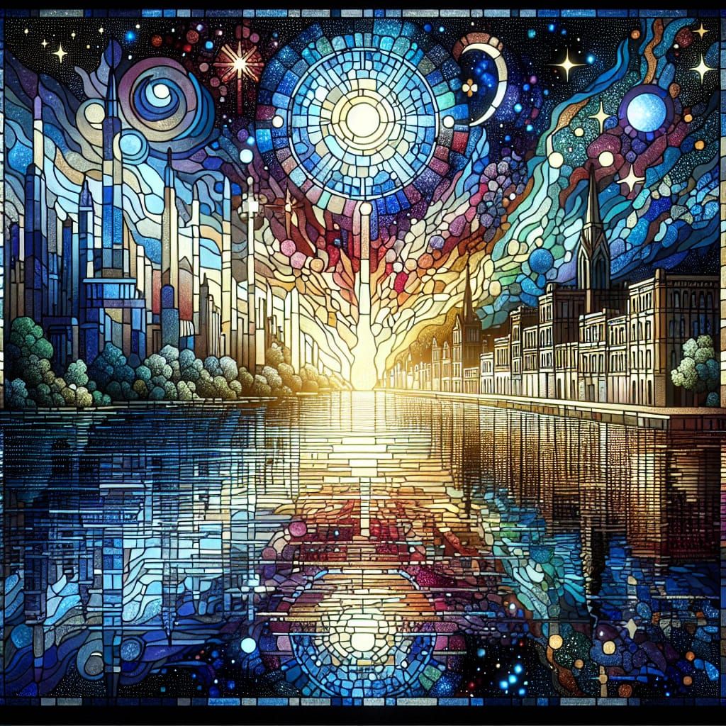 Stained Glass Starry Night Cityscape in 16k