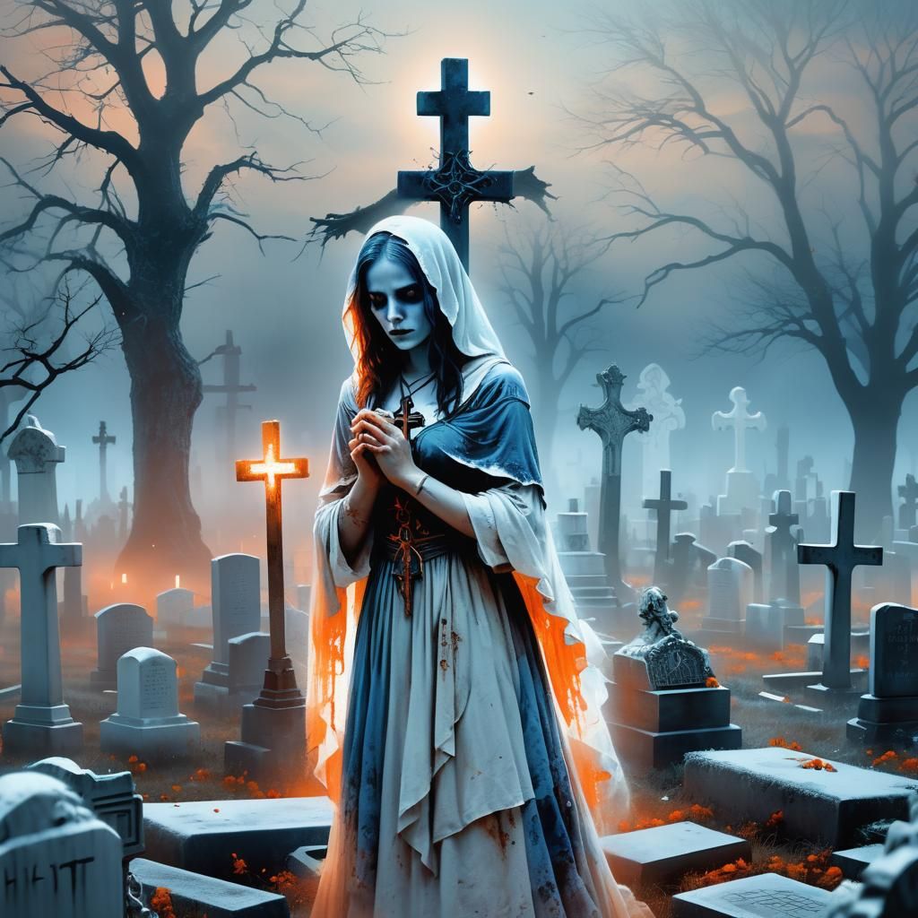 Ethereal Woman in Cemetery, Surrounded by Mysterious Whites