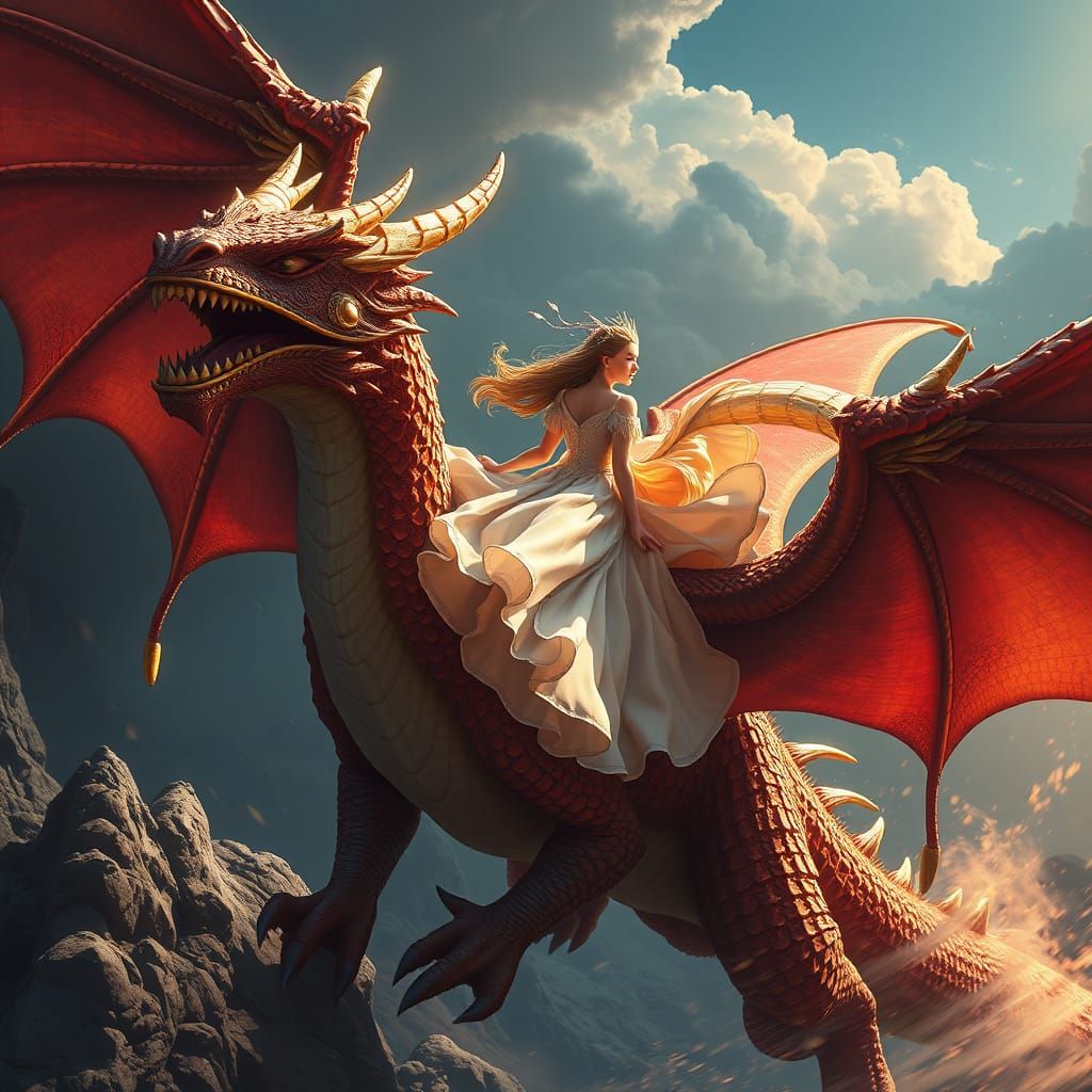 Fantastical Princess soars on Majestic Dragon in Vivid Matte...