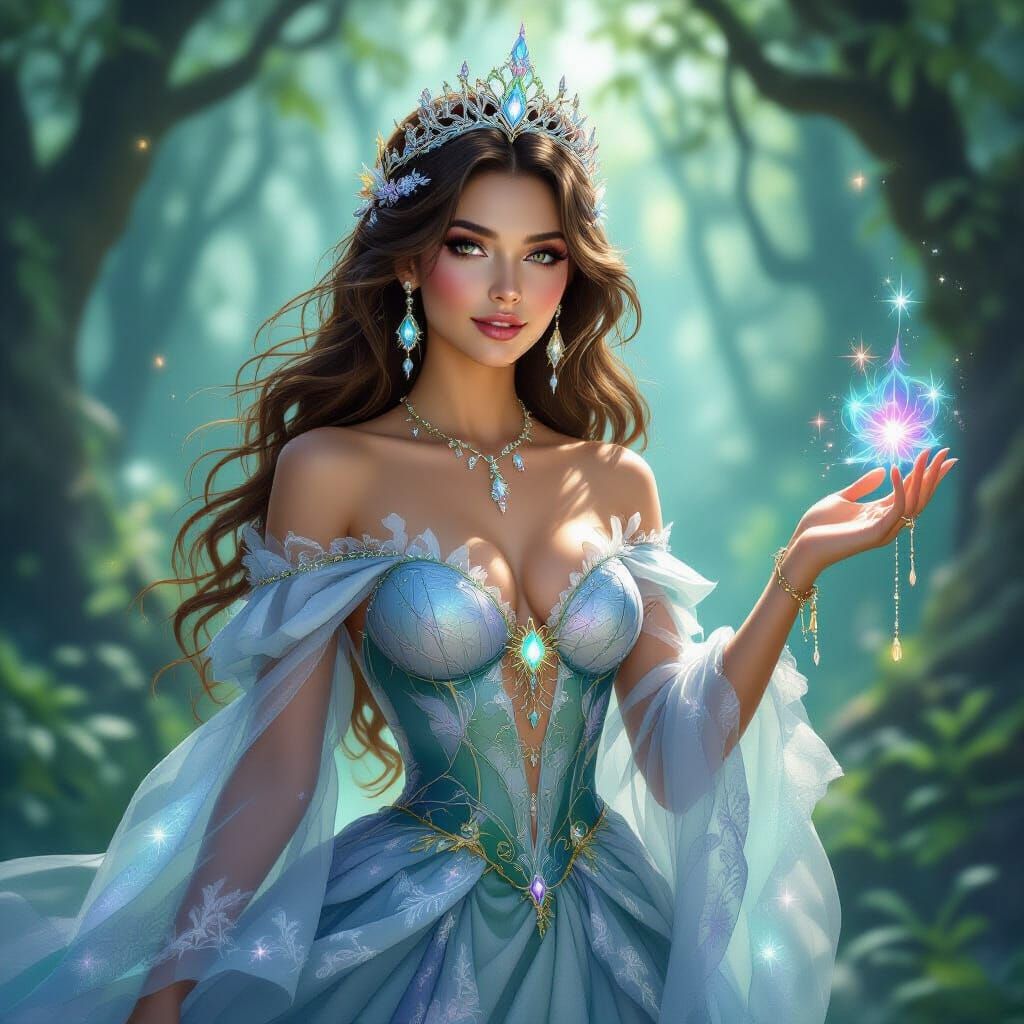 Fantasy Princess with Shimmering Gown in Ethereal Forest