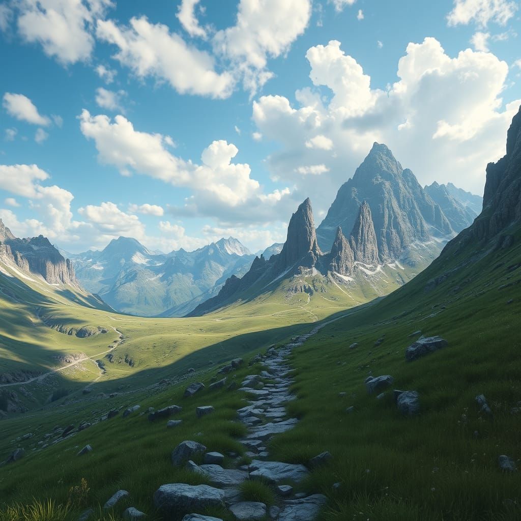 Mountain Valley with Rocky Path: Fantasy Concept Art