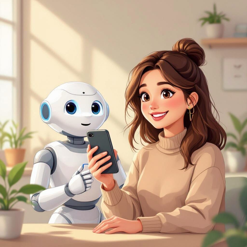 Friendly AI Assistant Greets User in Pastel Comic Style