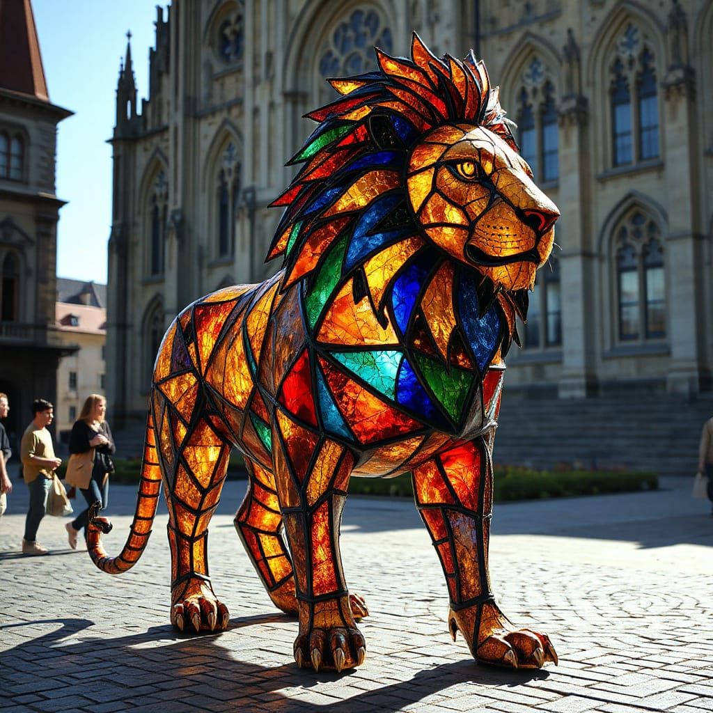 Majestic Stained Glass Lion in Sun-Drenched Square