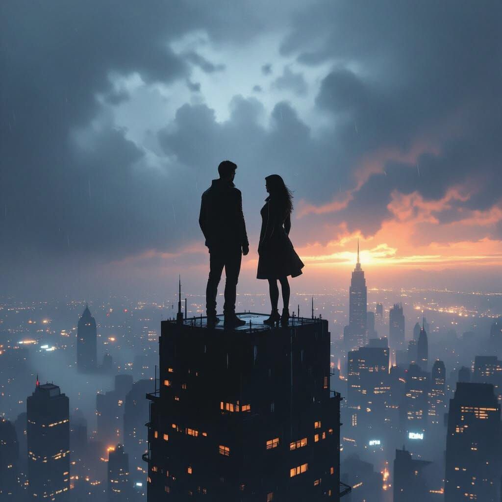 Couple Silhouetted on Skyscraper Edge
