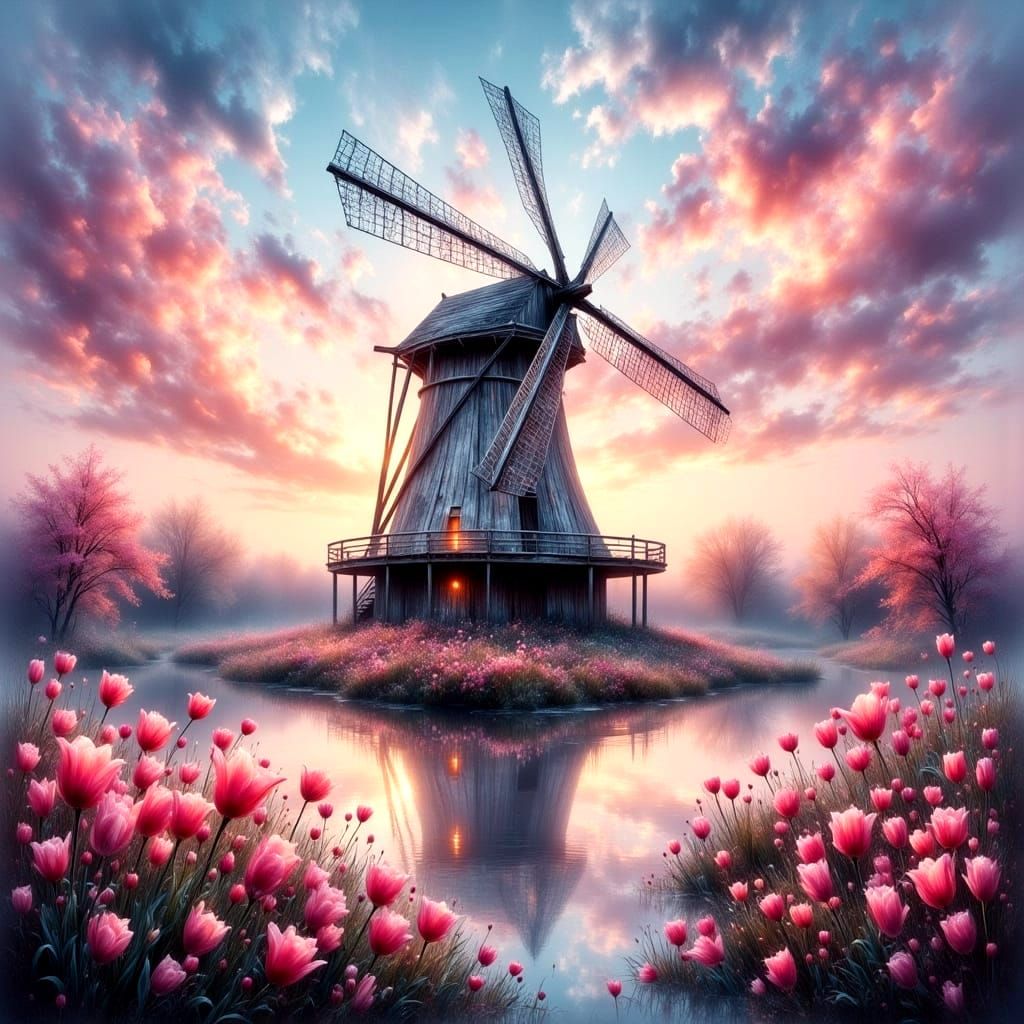 Whimsical Twilight Windmill Scene in Soft Pastels