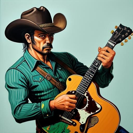 Frog Cowboy Plays Guitar: Gouache Detailed Painting