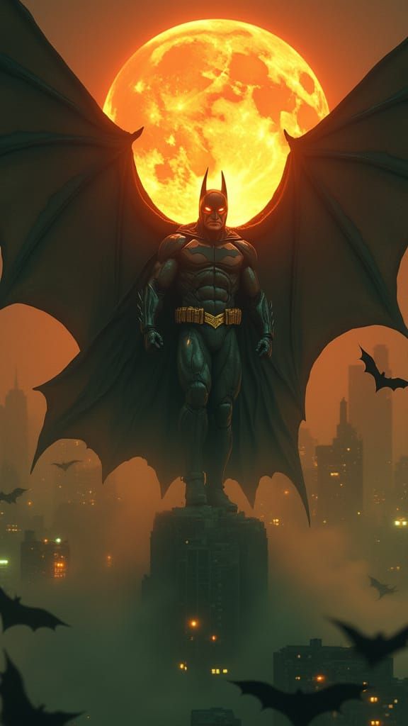 Batman as a Mythic Figure Under a Fiery Moon