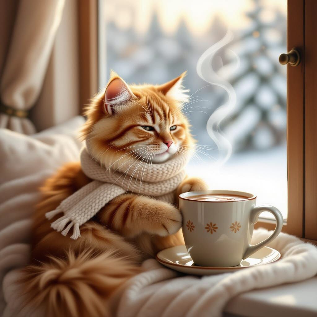 Cozy Ginger Cat Sips Hot Chocolate by Snowy Window