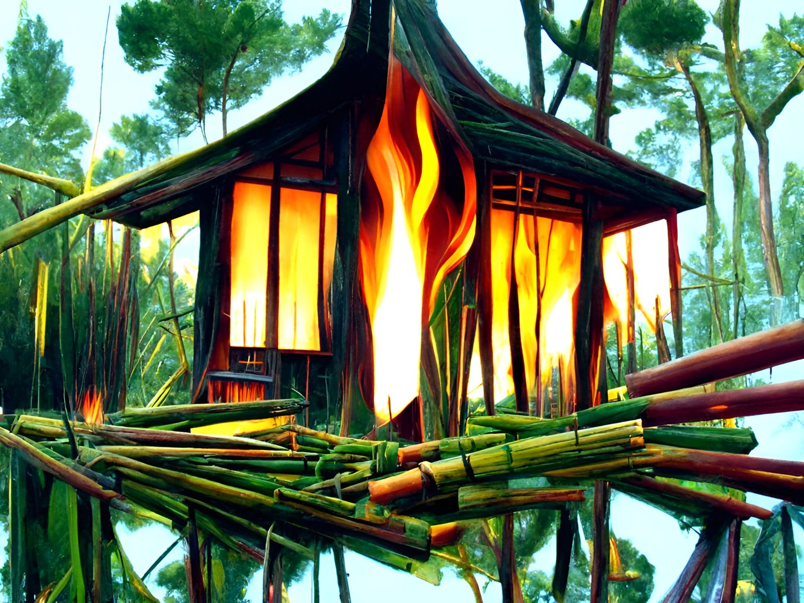 Burning Cabin in Bamboo Forest: Romantic Expressionism