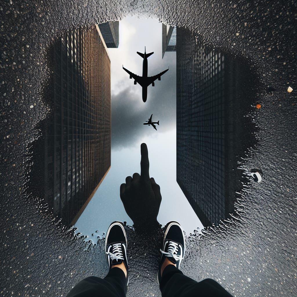 Puddle Reflects Finger, Airplane, and Buildings