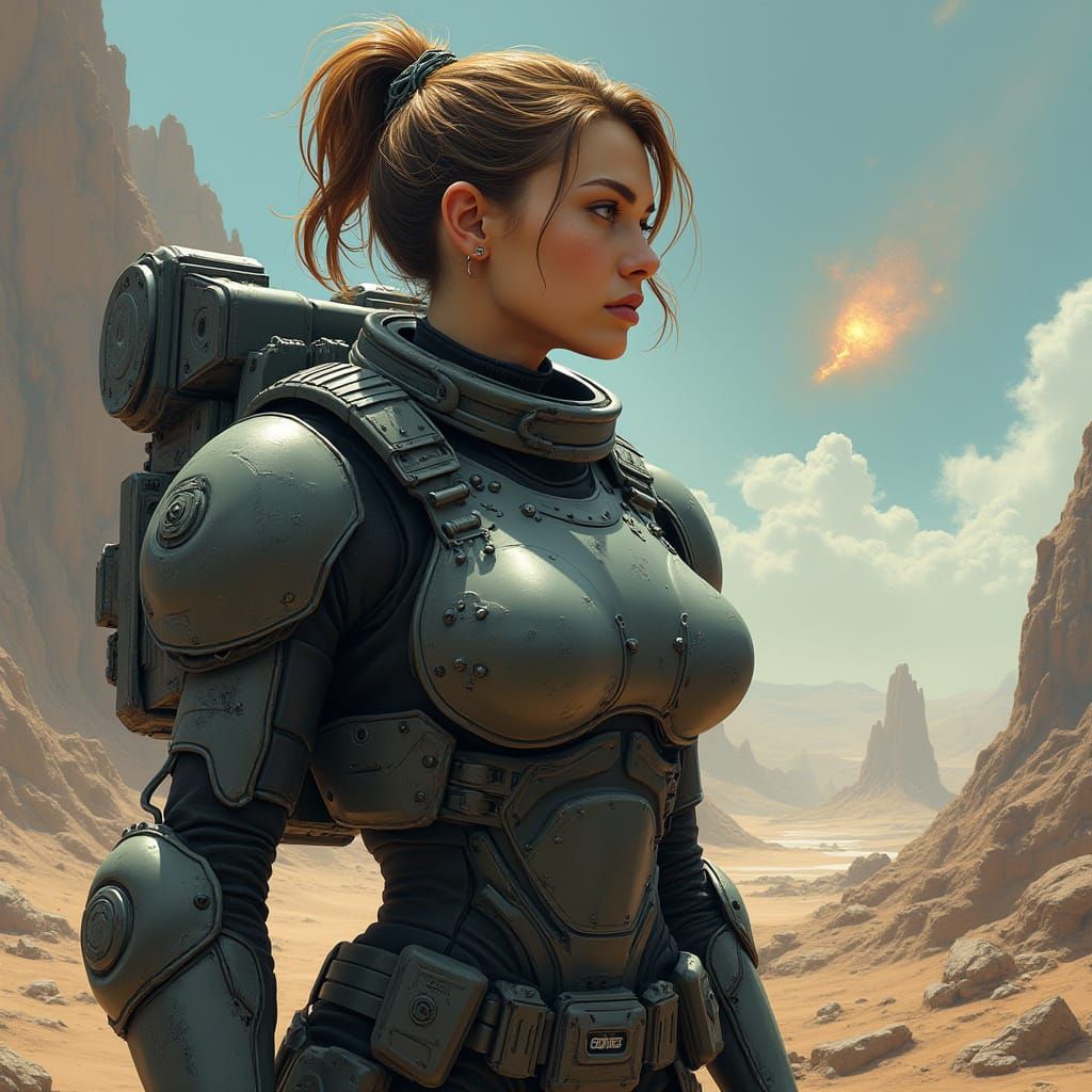 Female Space Marine in Gritty, Industrial Armor
