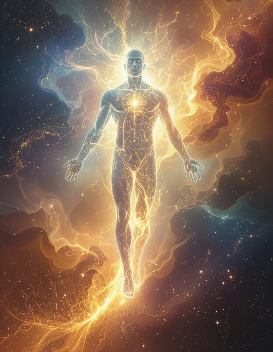 Ethereal Figure Descends Through Cosmic Nebulae