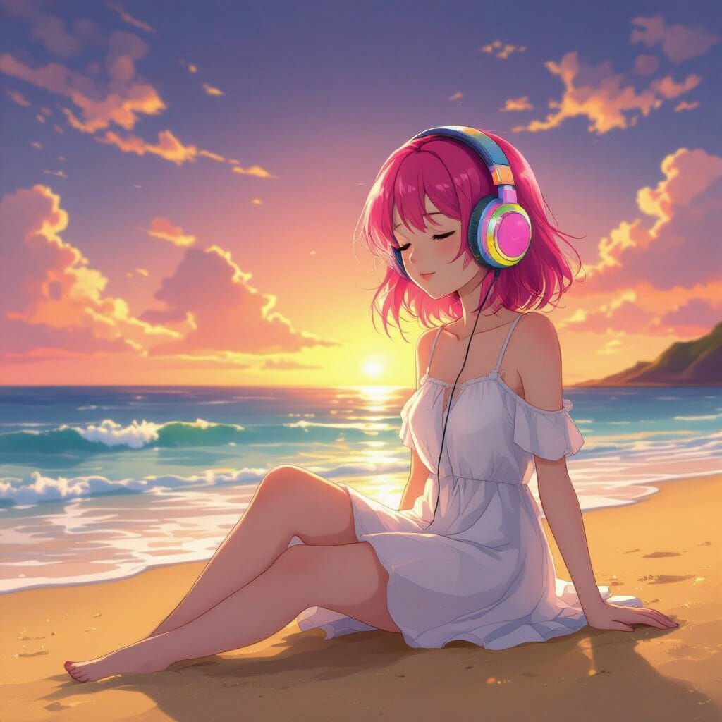 Anime Style Lady Enjoying Music on Beach