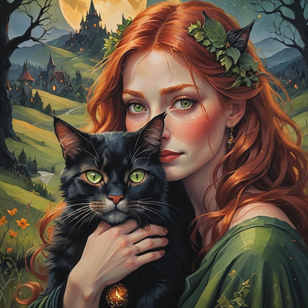 Red-Haired Witch and Black Cat's Midnight Flight
