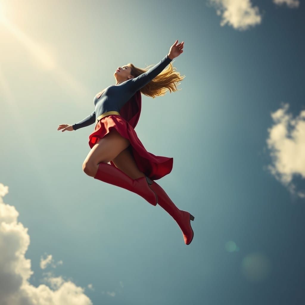 Serene Supergirl in Flight, Classic Suit, Red Boots, and Cap...