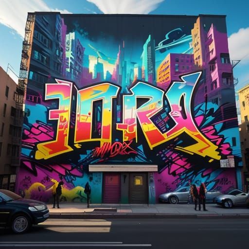 Vibrant Cityscape Mural with Dreamlike Elements