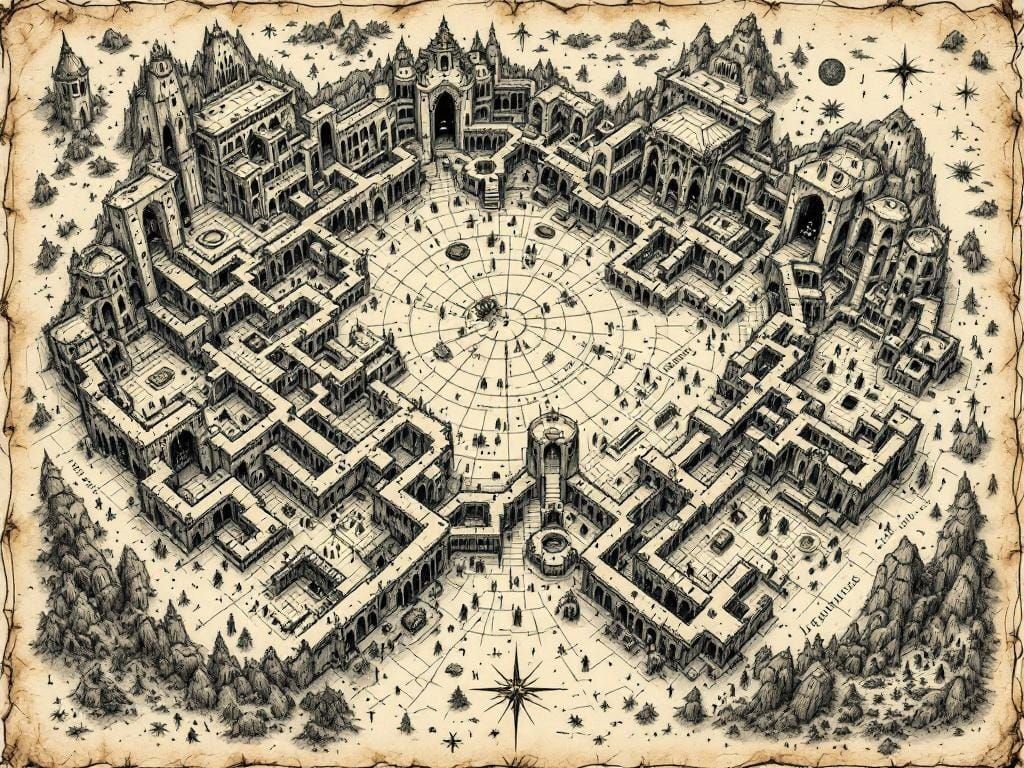 Ancient Necropolis Map with Cryptic Runes in Cartography Sty...