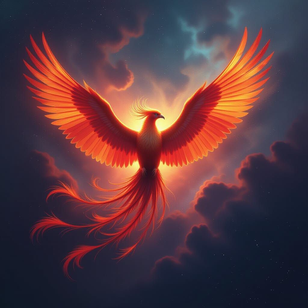 Iridescent Phoenix Erupting from Nebula: Hyperrealistic Matt...