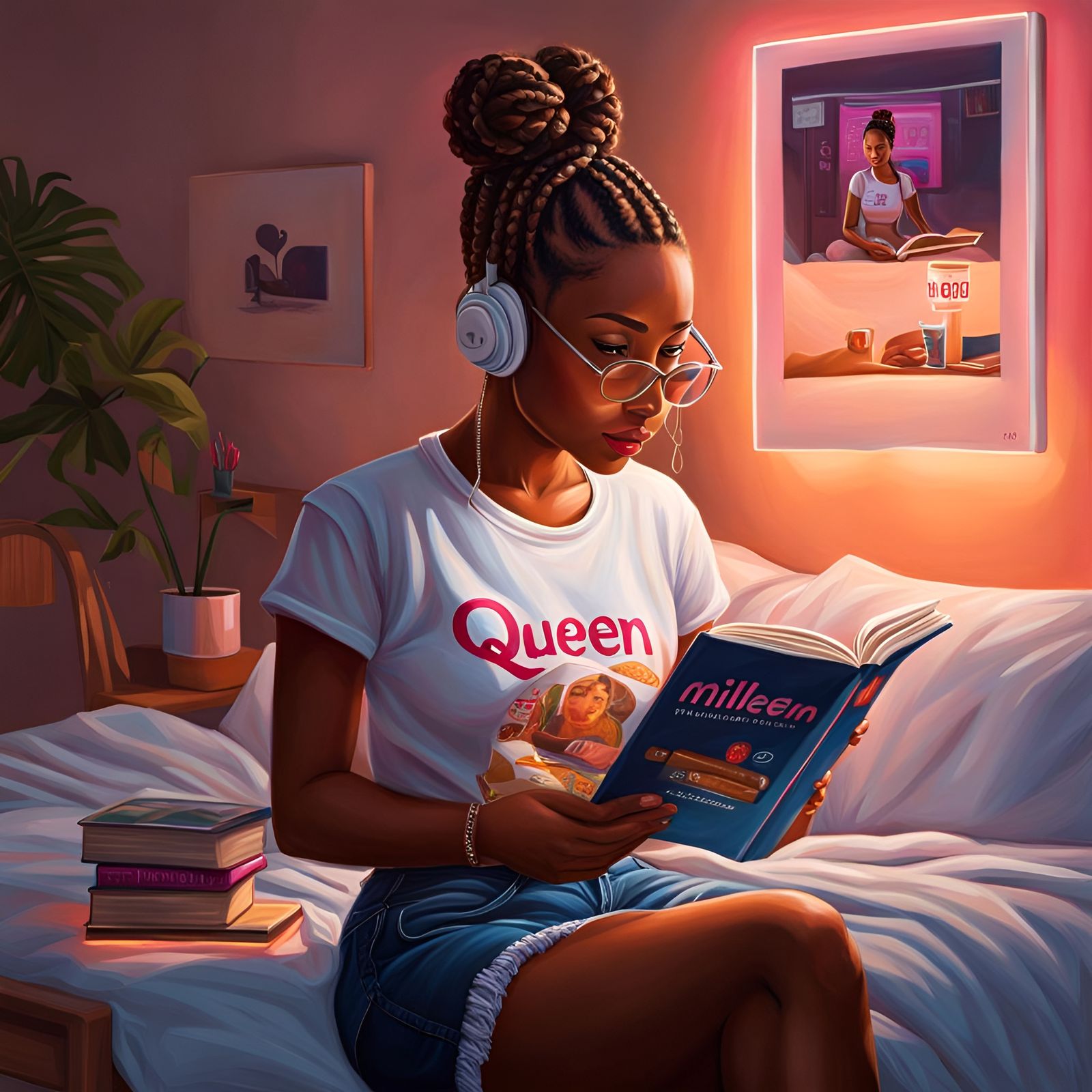 Brown Skinned Woman Reading in Girly Bedroom