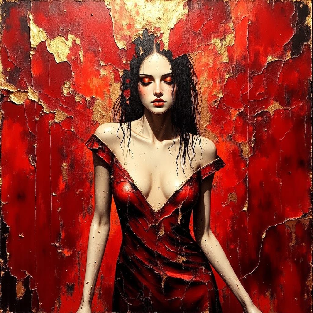 Gilded Red Morbid Painting in Dark Art Style