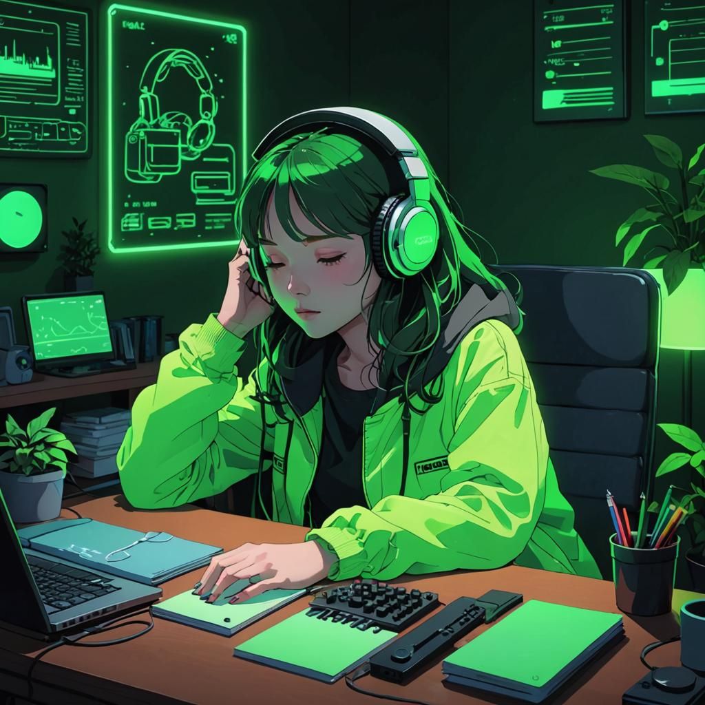 Neon Green Lofi Art Anime Illustration