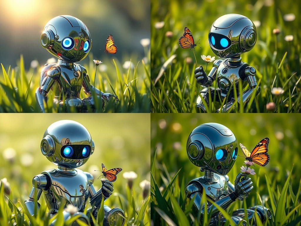 Cute Chrome Robot Befriends a Butterfly in a Serene Meadow