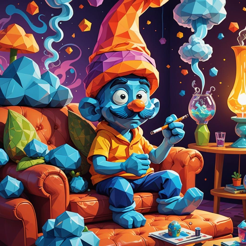 Low-Poly Smurf Smokes a Bong in a Vibrant Cartoon Scene