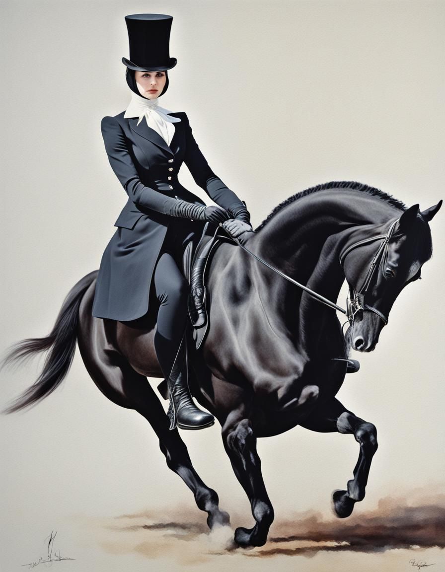 Dressage Woman on Arabian Horse in 1970s Style