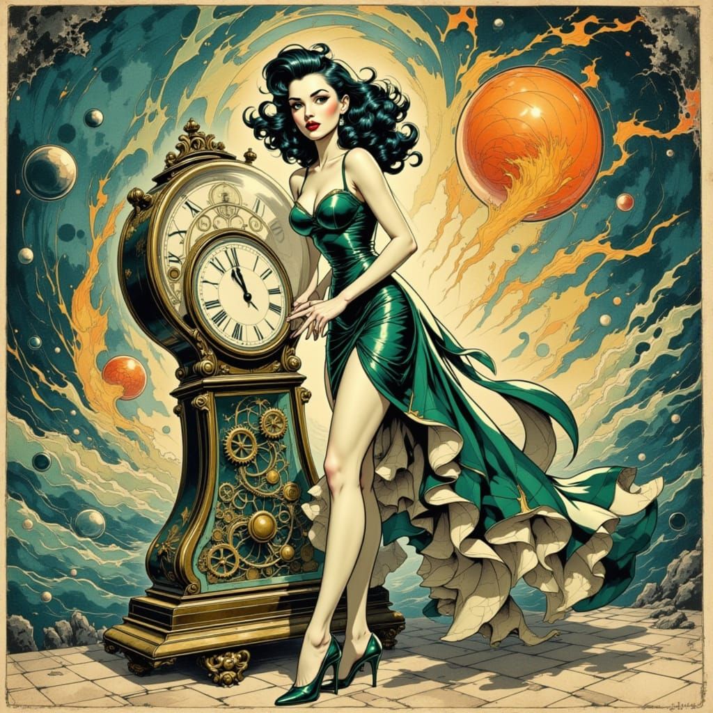 Art Nouveau Pinup Model Steps From Melting Clock