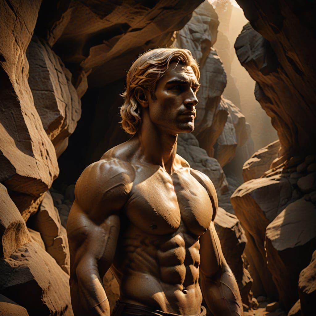 Classical Realism Sculpture of a Muscular Man at Cave Entran...