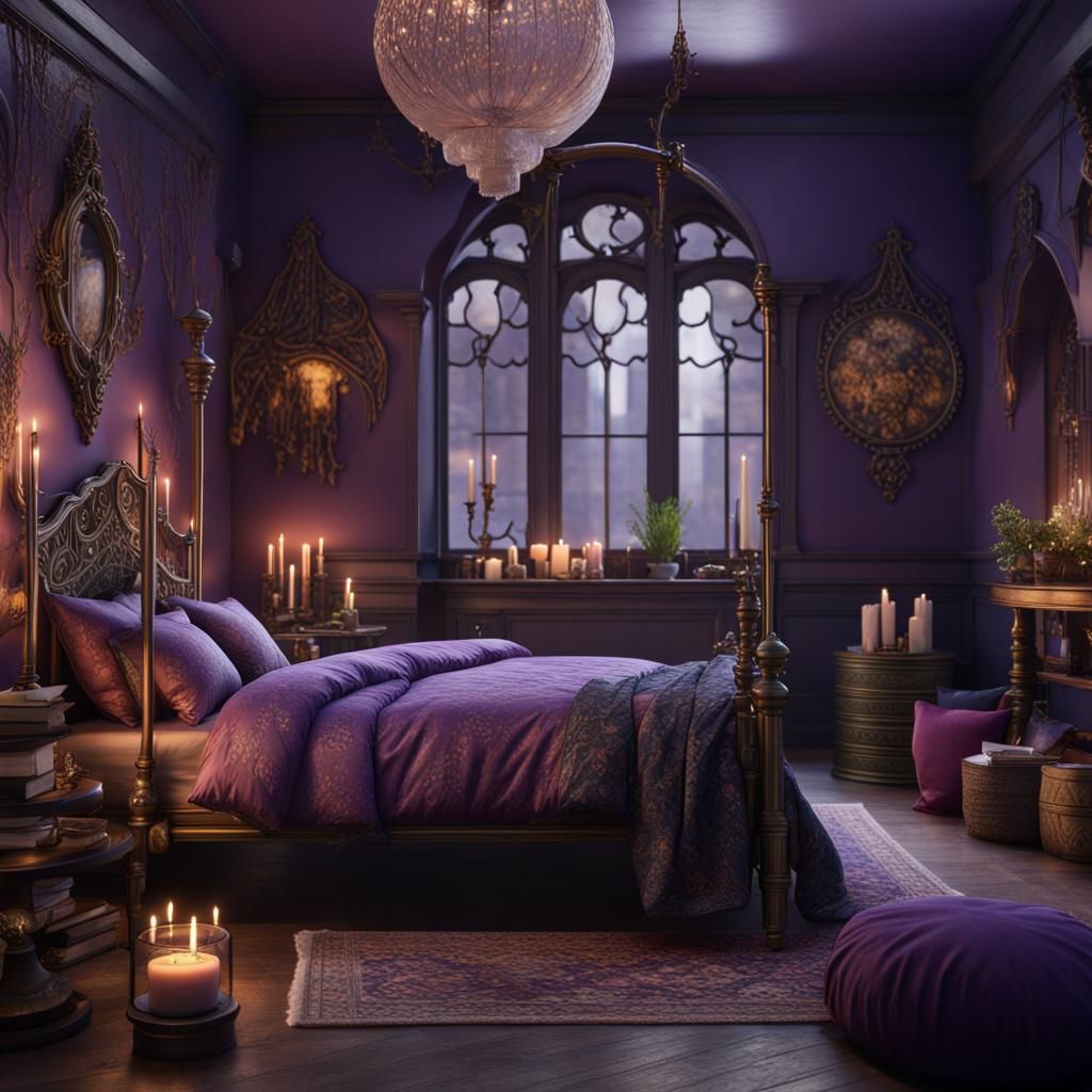 Moody Boho Bedroom with Purple Bedding in Matte Painting