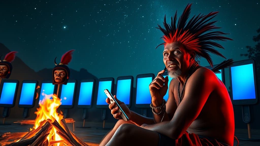 Shrunken Heads and iPhones Under Starry Night
