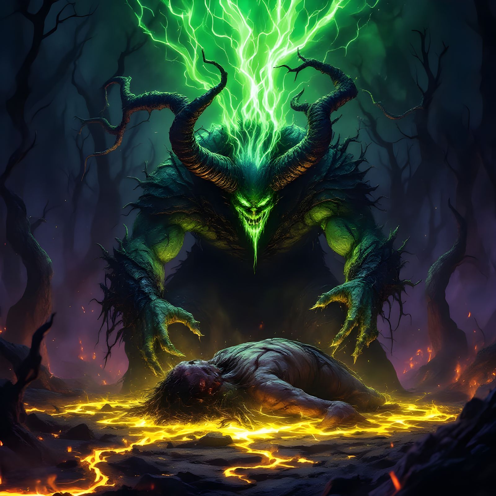 Dark Fantasy Lord Absorbing Life Force in a Scorched Forest