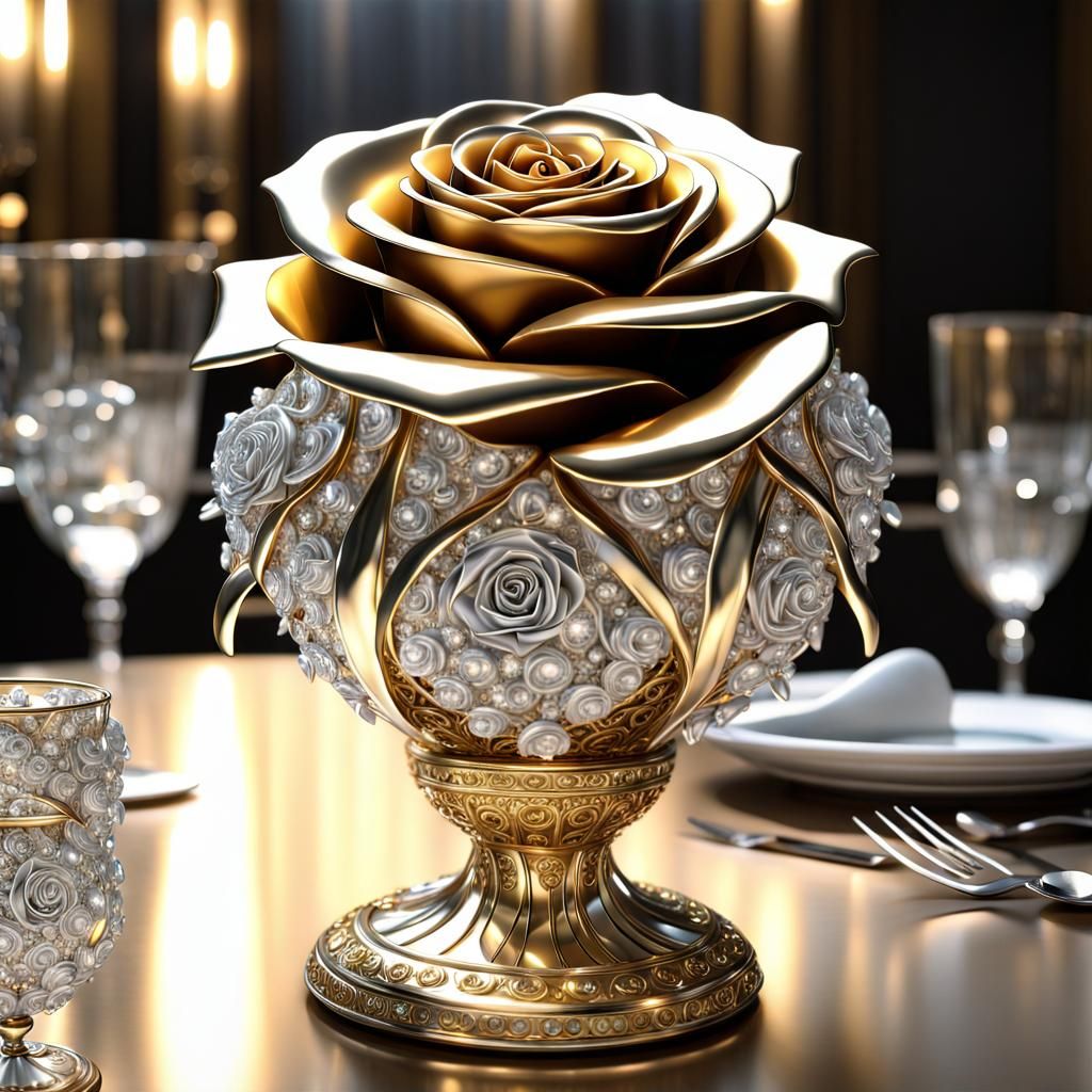 Epic Gold and Silver Rose in Jeweled Vase